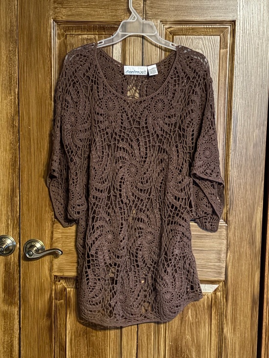 Denim 24/7 Tops - Denim 24/7 Chocolate Brown Crochet Open Knit Flowy Tunic Women’s Top Size Large